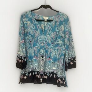 Ann Taylor Loft Women's Large Blue Boho Blouse Paisley‎ Short Sleeve Tunic